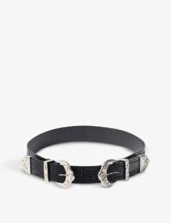 Maje Ariona Double Buckle High Waisted Reptile-embossed Leather Belt