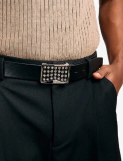 Christian Louboutin Louis Stud Embellished-buckle Leather Belt -Glam Pouch Store R00007241 BLACKSILVERSILVER ALT01