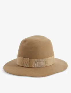 Maison Michel Andre Logo-trim Wool-felt Trilby Hat -Glam Pouch Store R03995218 CAMEL ALT02
