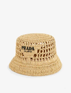 Prada Branded Raffia Bucket Hat